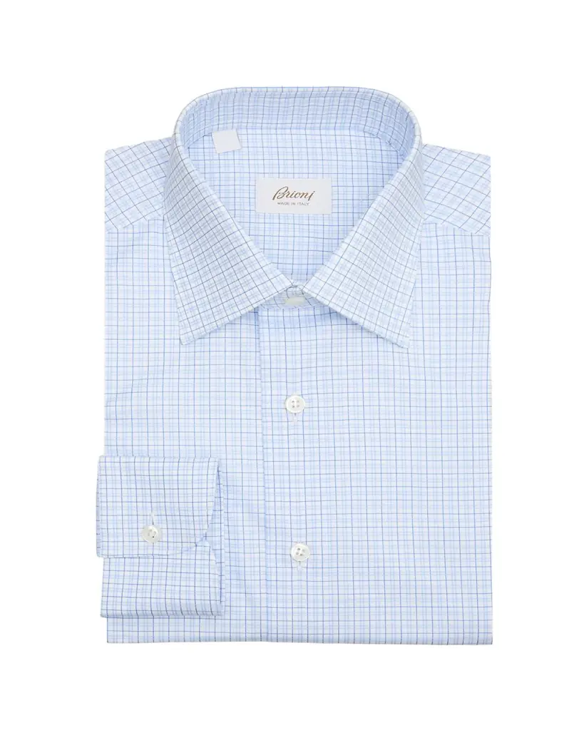 Brioni Men's Cotton Micro-Plaid Point Collar Dress Shirt