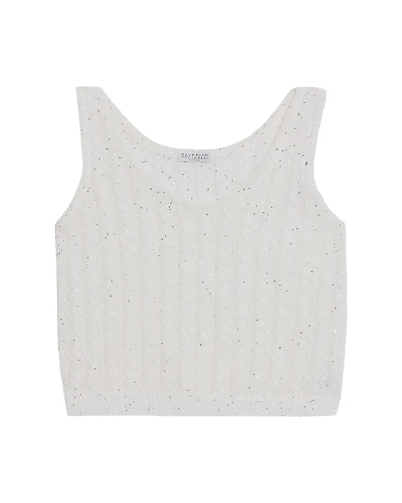 Brunello Cucinelli Linen Pailette Charming Cable Scoop-Neck Tank Top