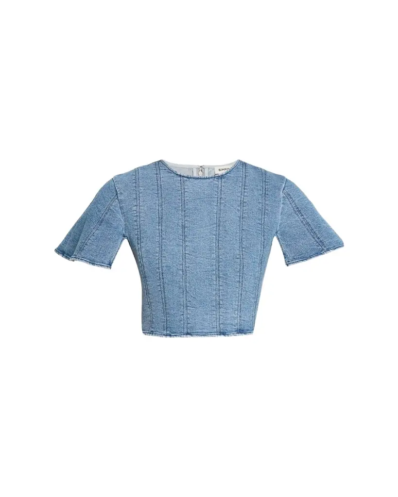 SIMKHAI Kolby Short-Sleeve Denim Top