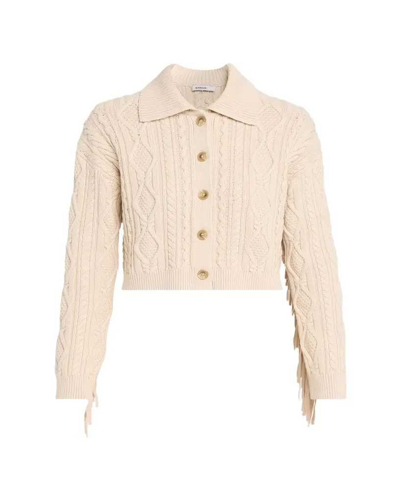 SIMKHAI Virginia Cable-Knit Fringe Cropped Cardigan