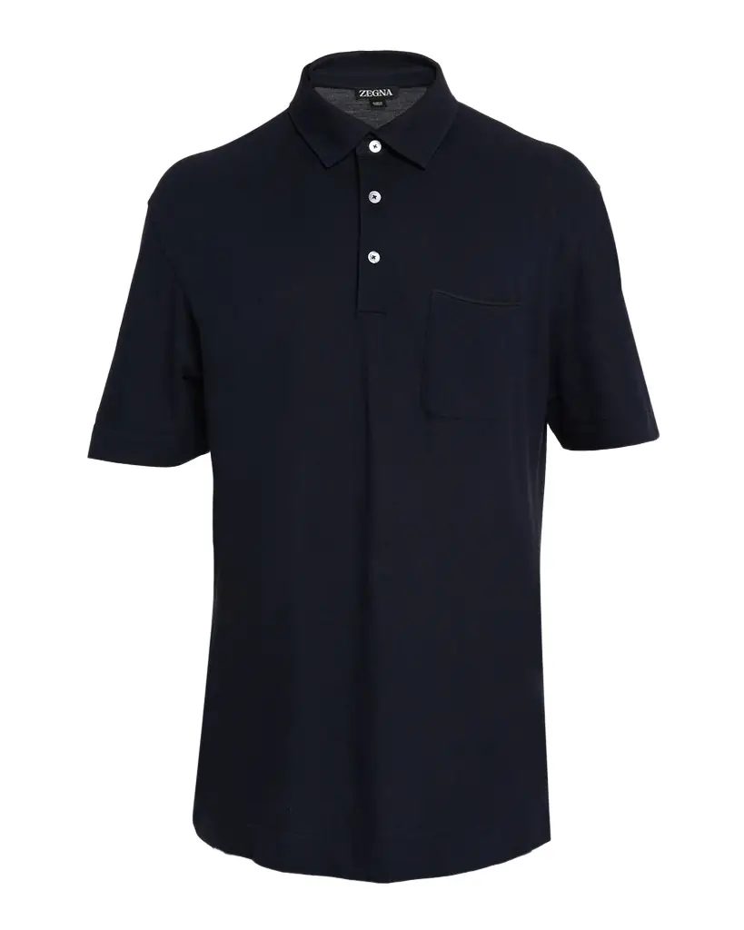 ZEGNA Men's Cotton Polo Shirt with Leather-Trim Pocket
