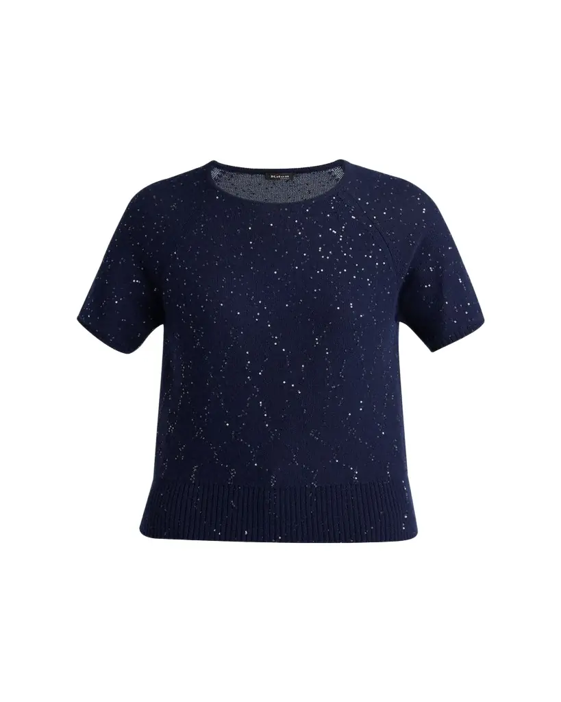 Kiton Cashmere Paillette Short-Sleeve Crewneck Sweater