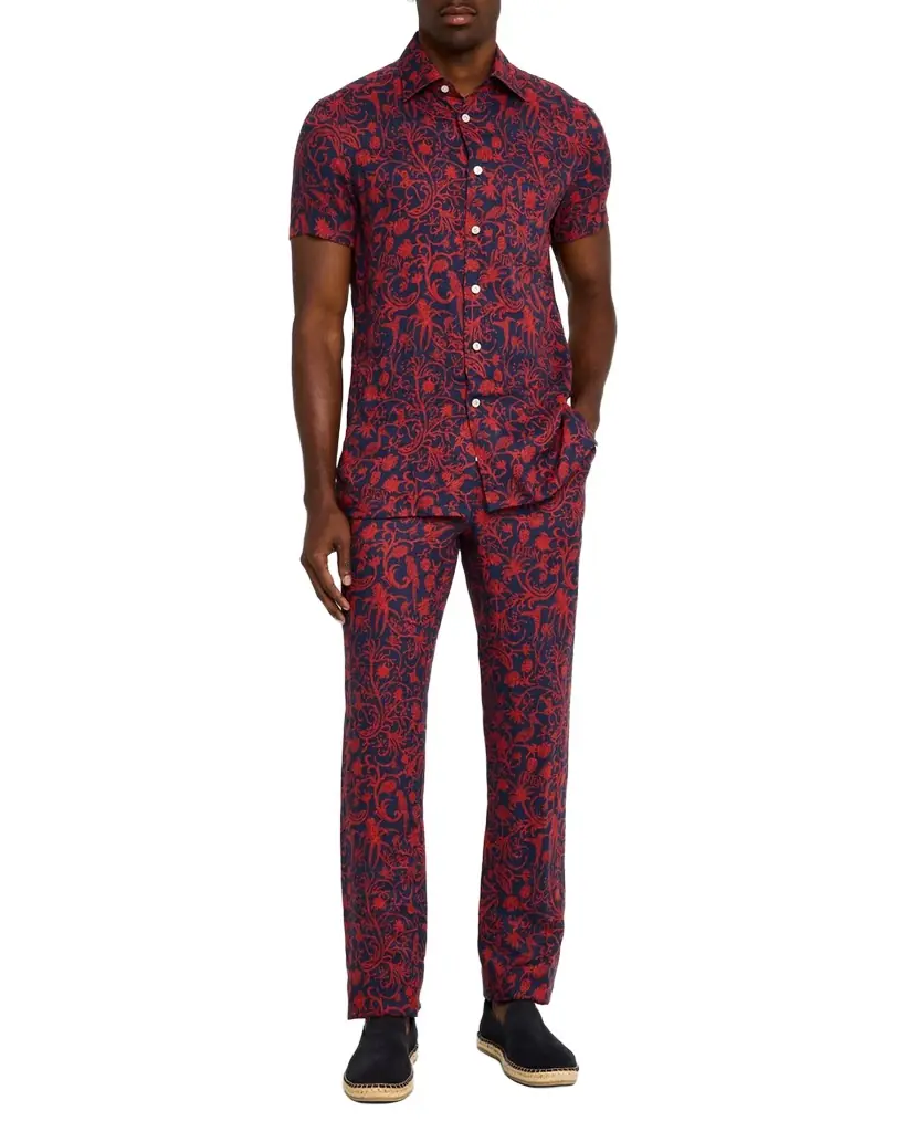 Kiton Men's Linen Coral-Print Stretch Pants