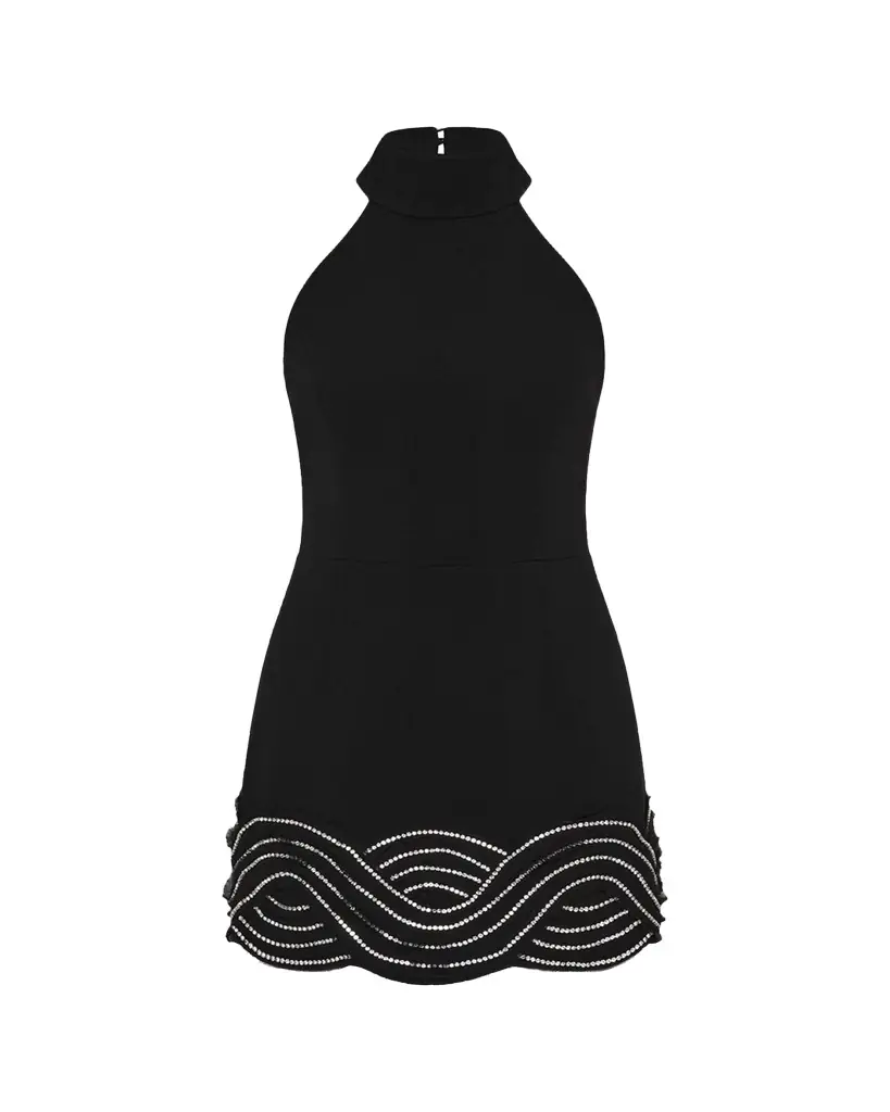 REBECCA VALLANCE Bellatrix Low-Back Rhinestone Halter Mini Dress