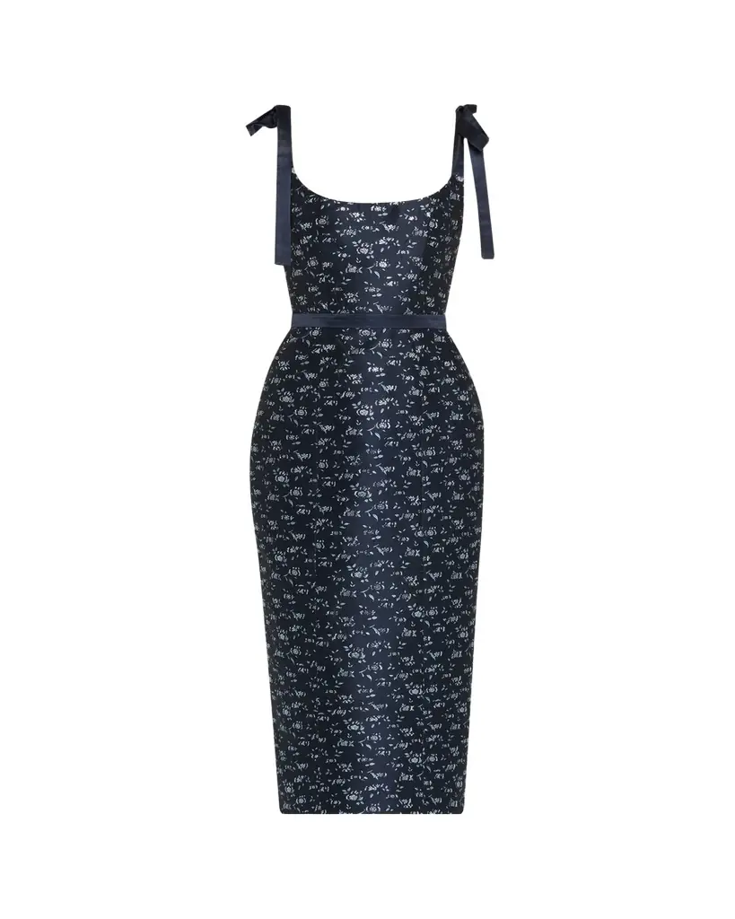 Markarian Acacia Floral Jacquard Bow-Shoulder Midi Dress