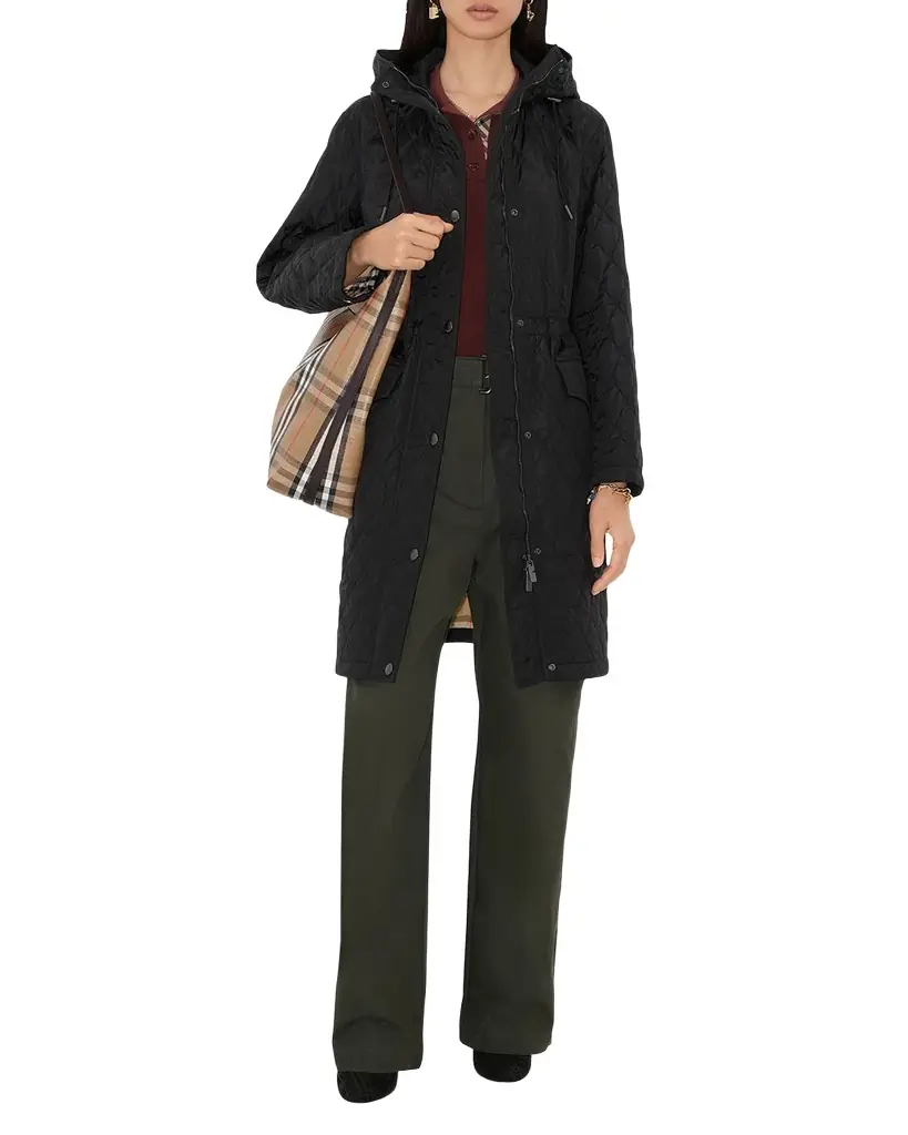 Burberry Hillgate Quilted Long Hooded Jacket