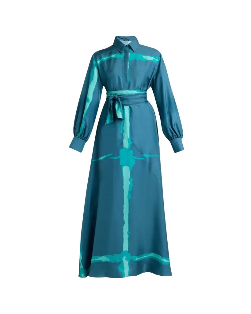 Kiton Printed Silk Long-Sleeve Maxi Shirtdress