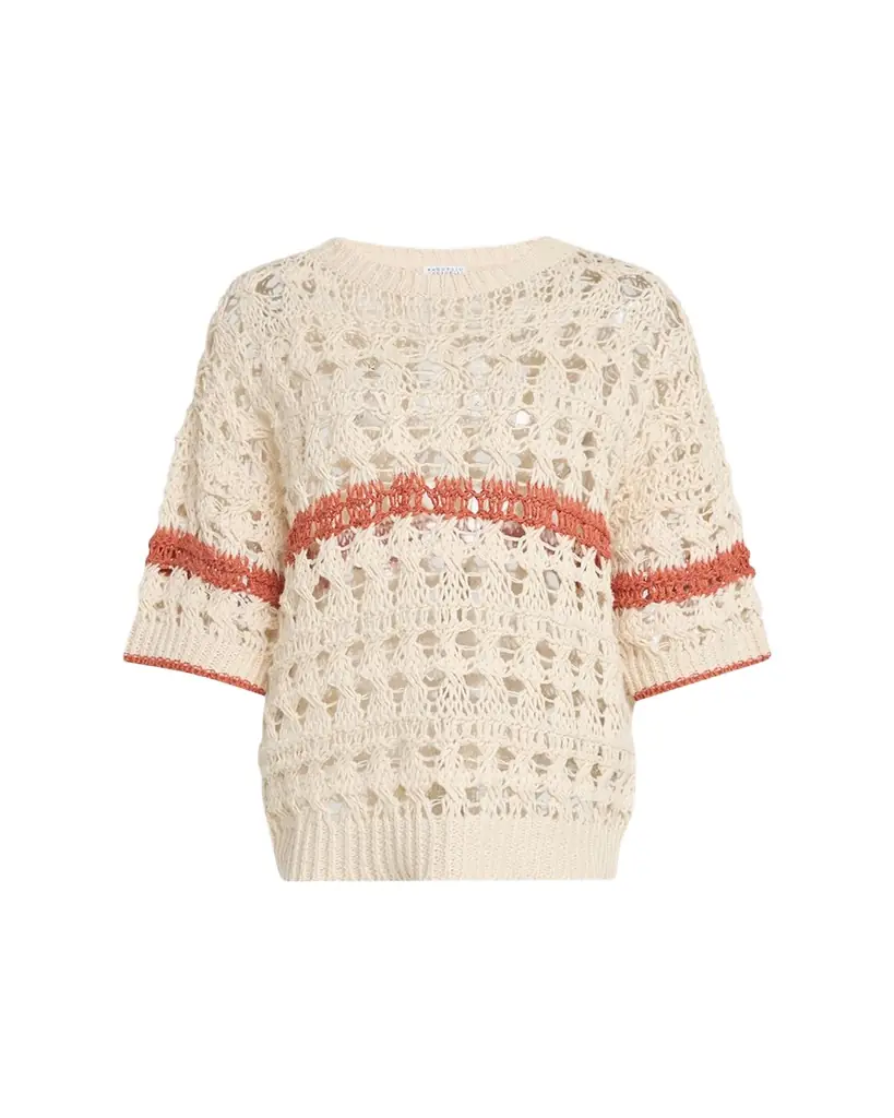 Brunello Cucinelli Stripe Cotton-Jute Open Knit Short-Sleeve Sweater