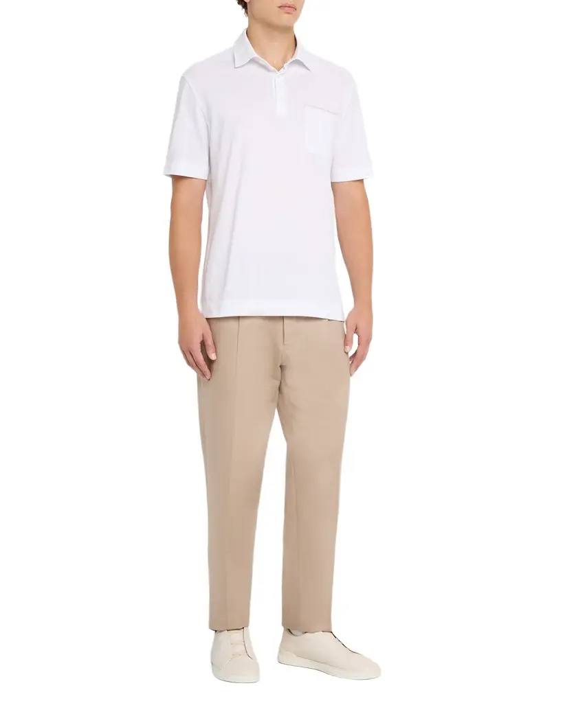 ZEGNA Men's Cotton Polo Shirt with Leather-Trim Pocket