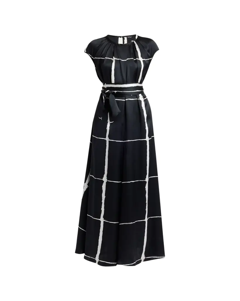 Kiton Windowpane-Print Silk Cap-Sleeve Maxi Dress