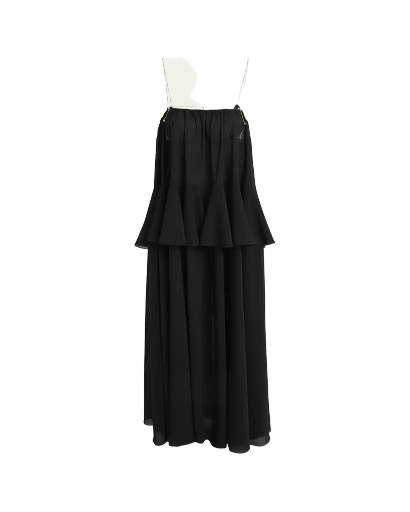 Chloe Pendant-Chain Tiered Organic Silk Georgette Backless Gown