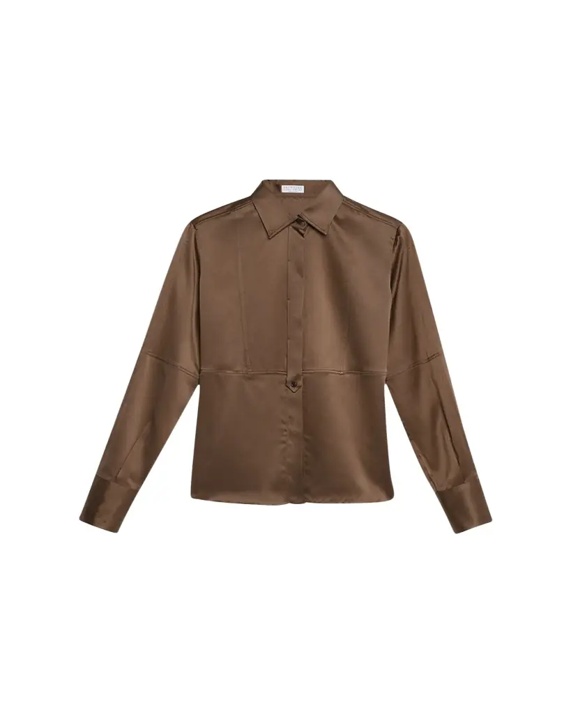 Brunello Cucinelli Silk Satin Stretch Blouse with Bib