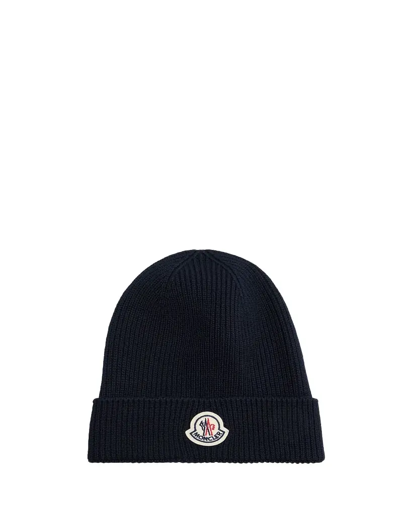 Moncler Men's Ribbed Wool Logo Beanie Hat