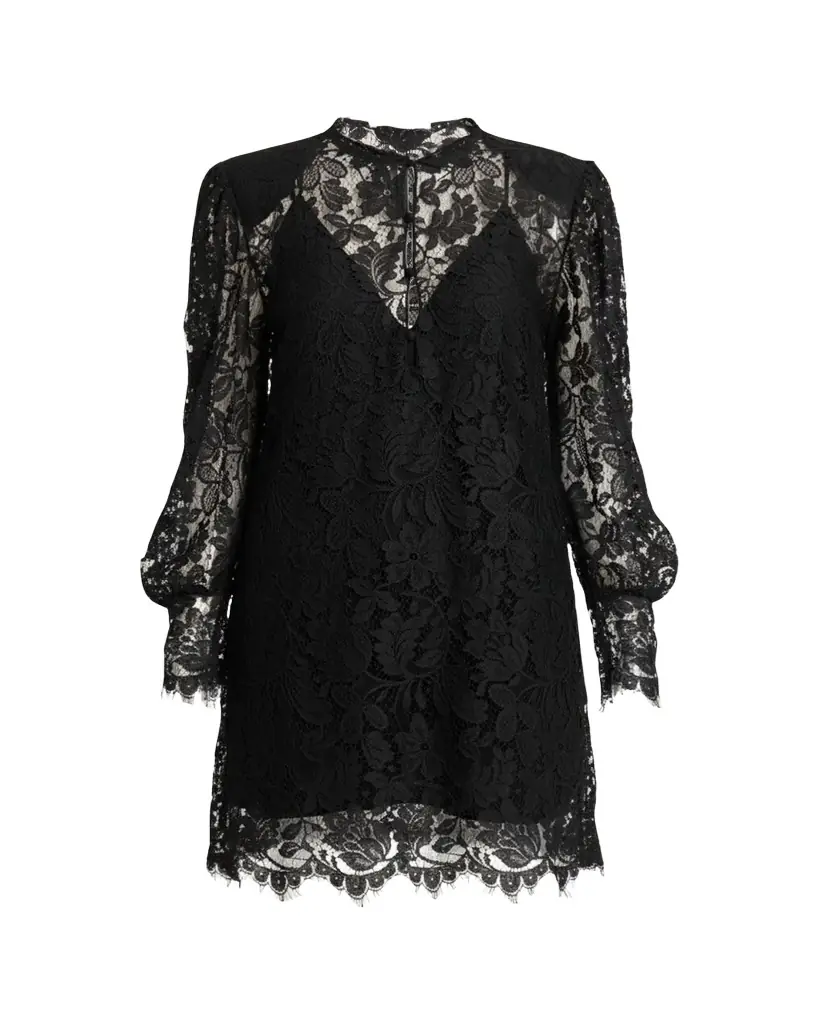 Chloe Floral Lace Strong-Shoulder Long-Sleeve Dress
