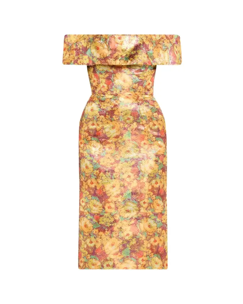 Markarian Gloria Metallic Floral Jacquard Off-The-Shoulder Dress