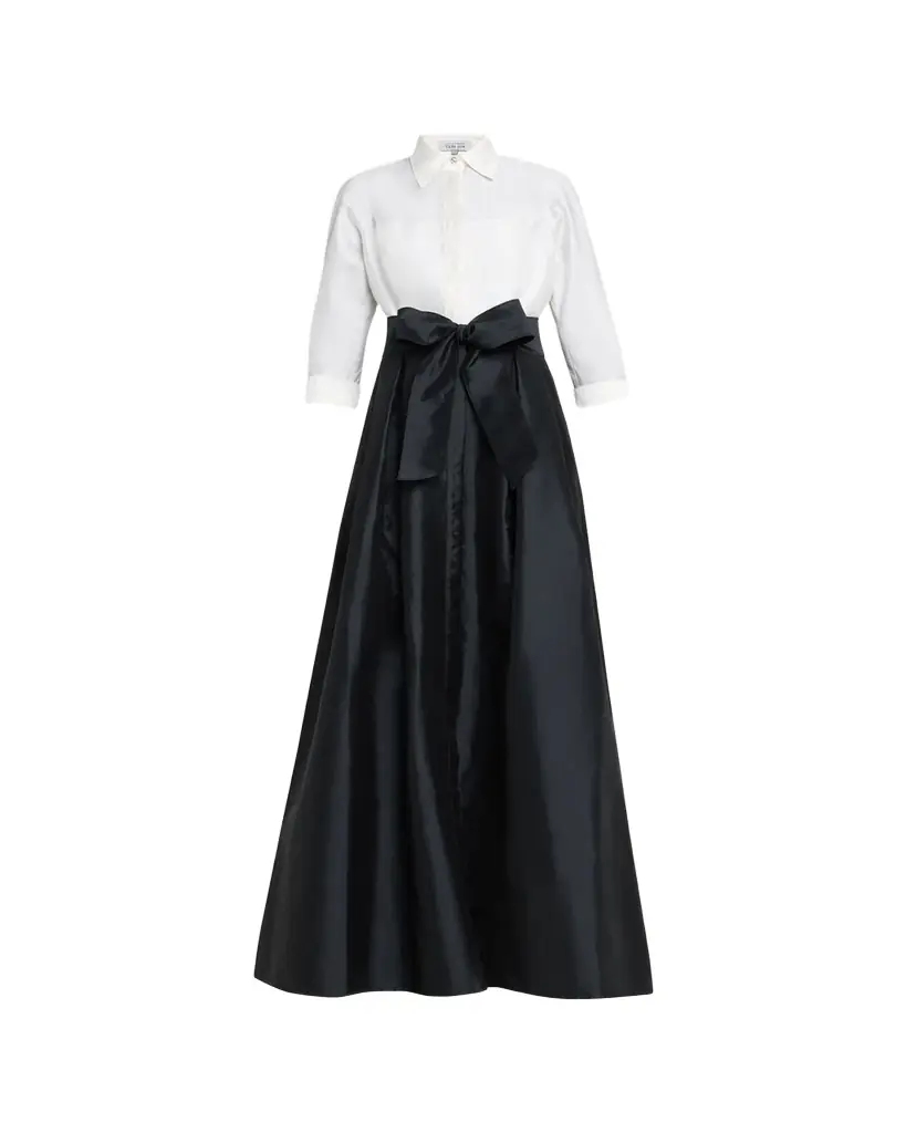 Rickie Freeman for Teri Jon Two-Tone 3/4-Sleeve Taffeta Shirtdress Gown