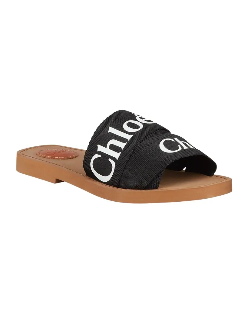 Chloe Woody Flat Logo Ribbon Slide Sandals