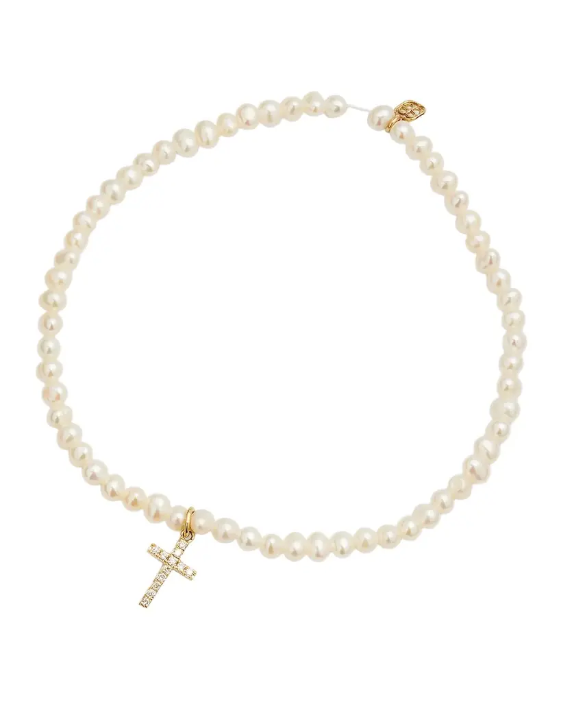 Sydney Evan 14k Diamond Cross & Pearl Bracelet