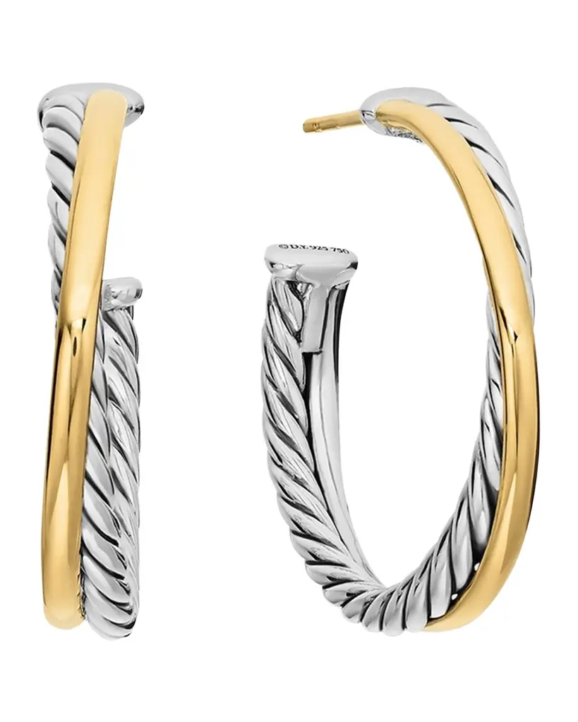 David Yurman Crossover Hoop Earrings with 18K Gold in Silver, 5mm, 1"L
