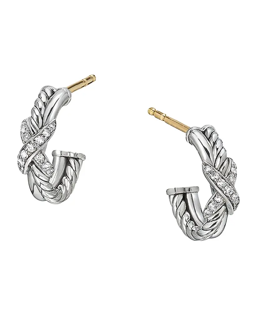 David Yurman Petite X Mini Hoop Earrings with Diamonds and 18K Yellow Gold
