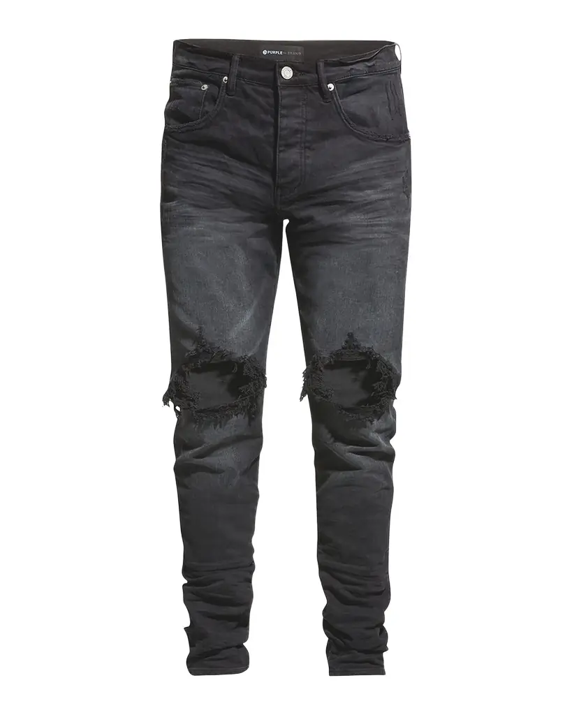 PURPLE Men 's P002 Black Wash Blowout Slim Jeans
