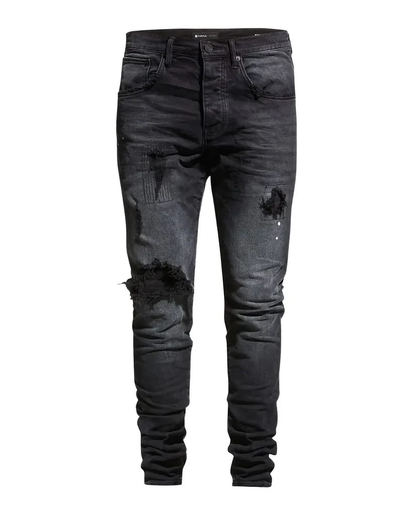 PURPLE Men 's P002 Black Repair Slim Jeans