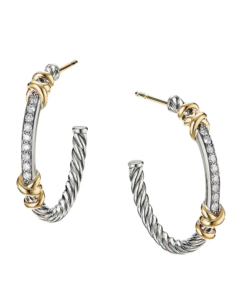 David Yurman Petite Helena Hoop Earrings with 18K Gold and Diamonds in Silver, 1"