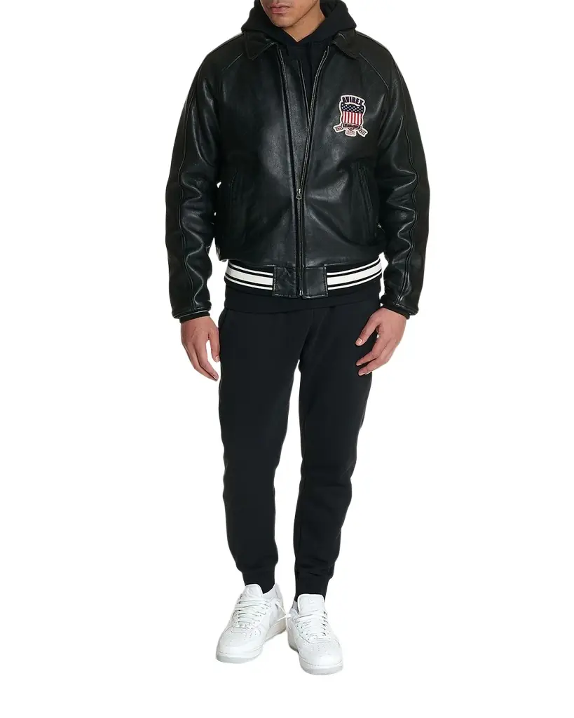 AVIREX Men 's Icon Logo Leather Bomber Jacket