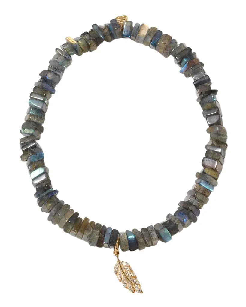 Sydney Evan Tiny Pave Feather Charm on Labradorite Square Heishi Bracelet