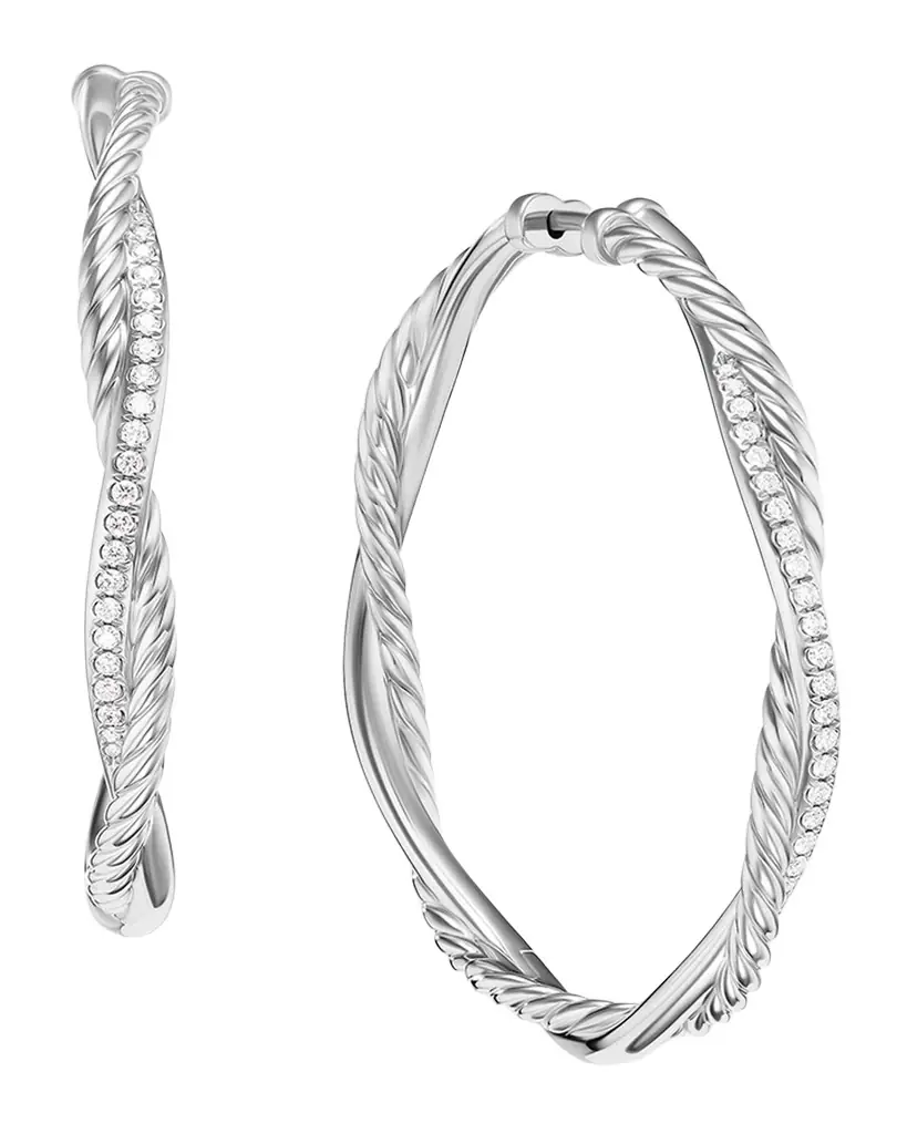 David Yurman Petite Infinity Hoop Earrings in Silver with Diamonds, 4mm, 1.65"L