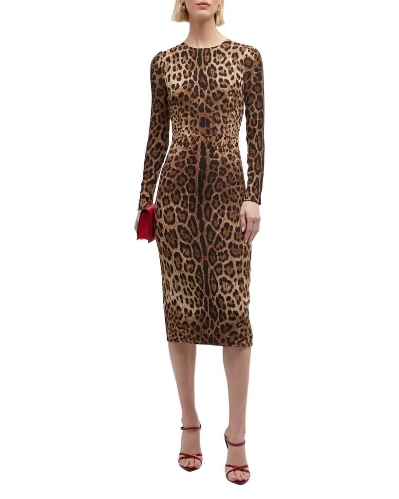 Dolce & Gabbana Leopard-Print Long-Sleeve Midi Dress