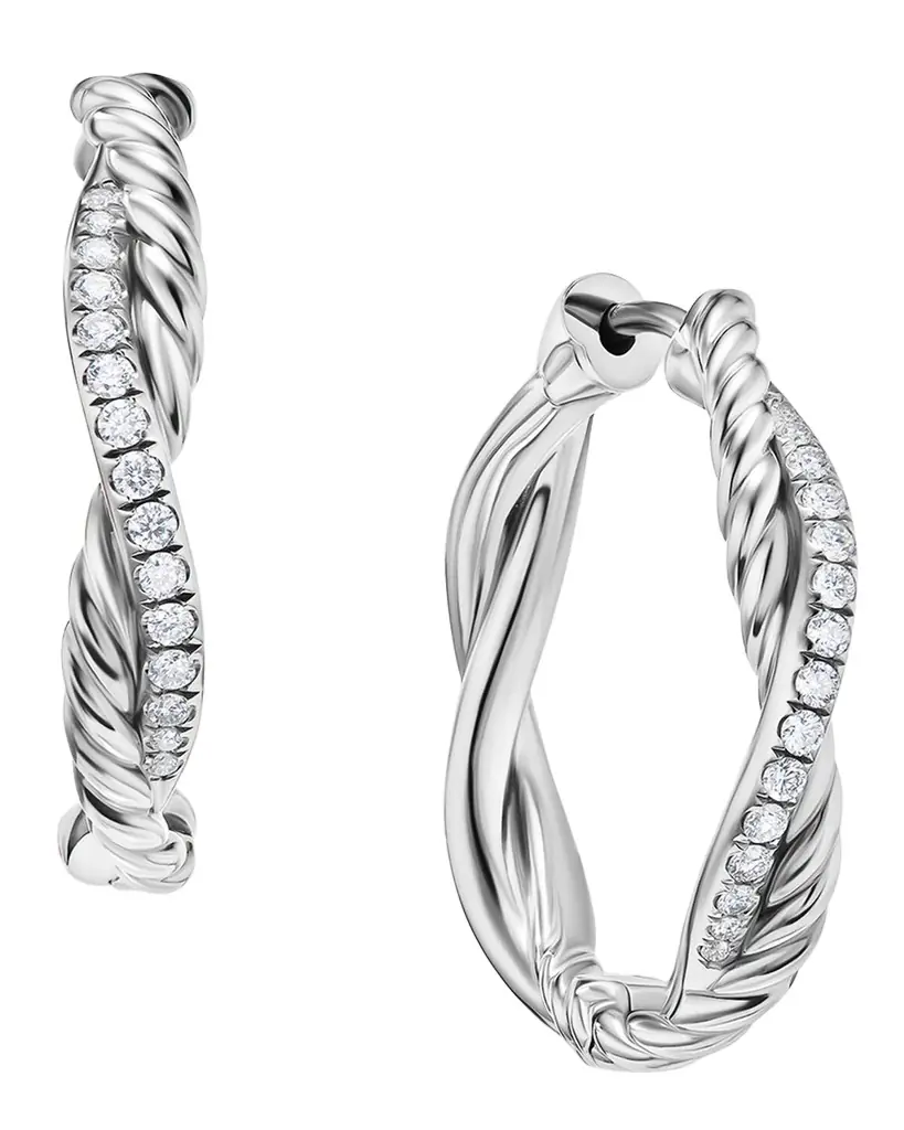 David Yurman Petite Infinity Hoop Earrings in Silver with Diamonds, 4mm, 0.68"L
