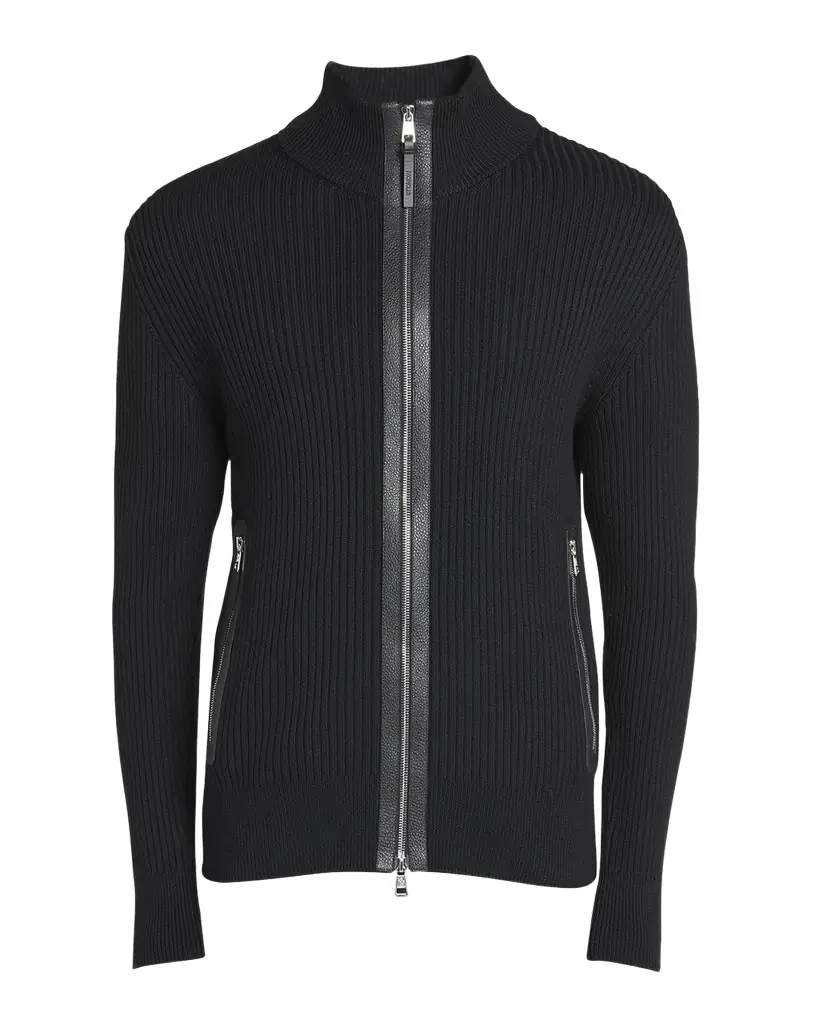 Moncler Men 's Ribbed Cardigan with Leather Trim