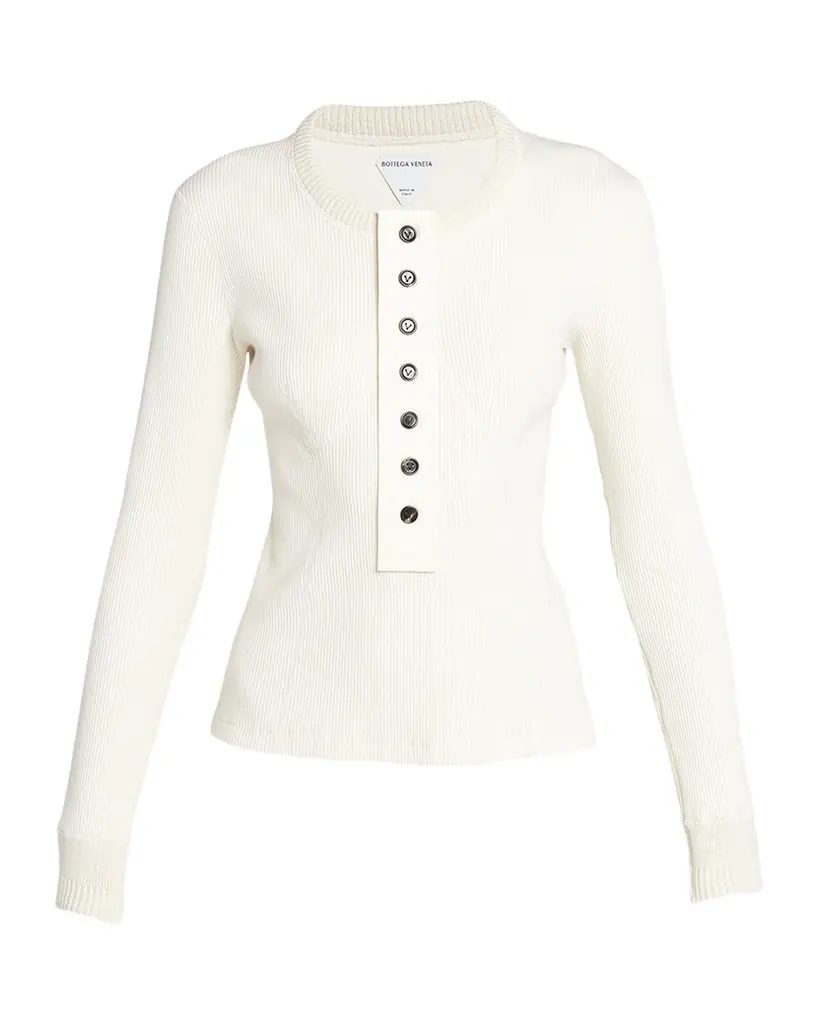 Bottega Veneta Long-Sleeve Compact Cotton Rib Jersey Henley T-Shirt