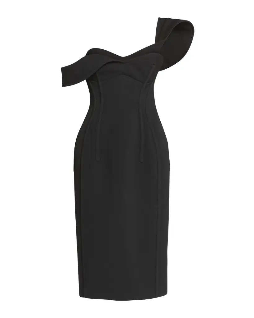 Bottega Veneta Off-The-Shoulder Bonded Wool Tricotine Midi Bustier Dress