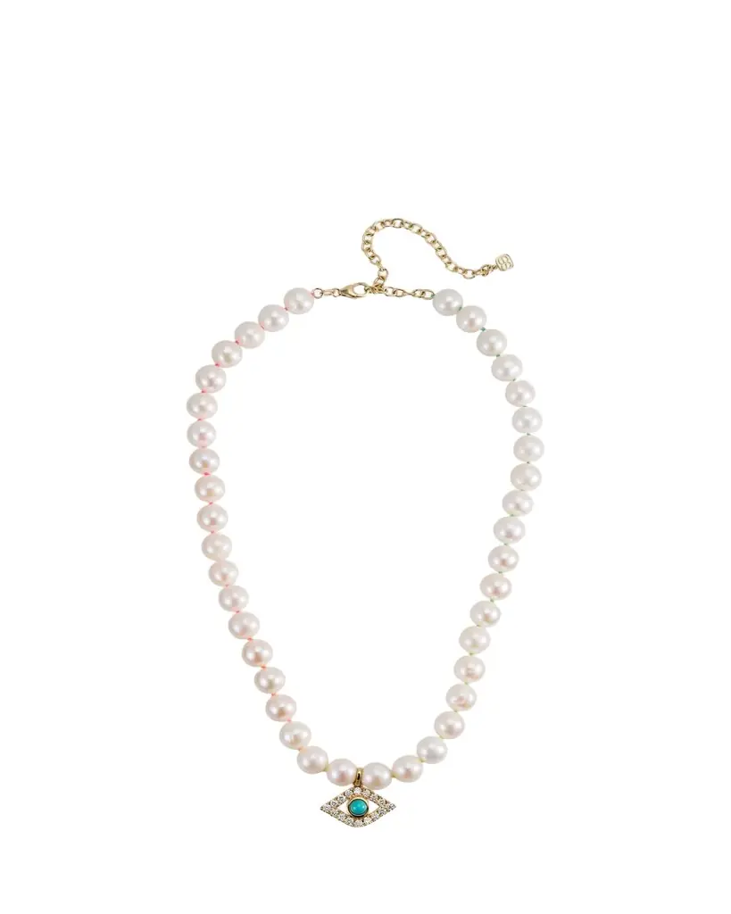 Sydney Evan 14K Large Turquoise Evil Eye Charm on Freshwater Pearl Necklace