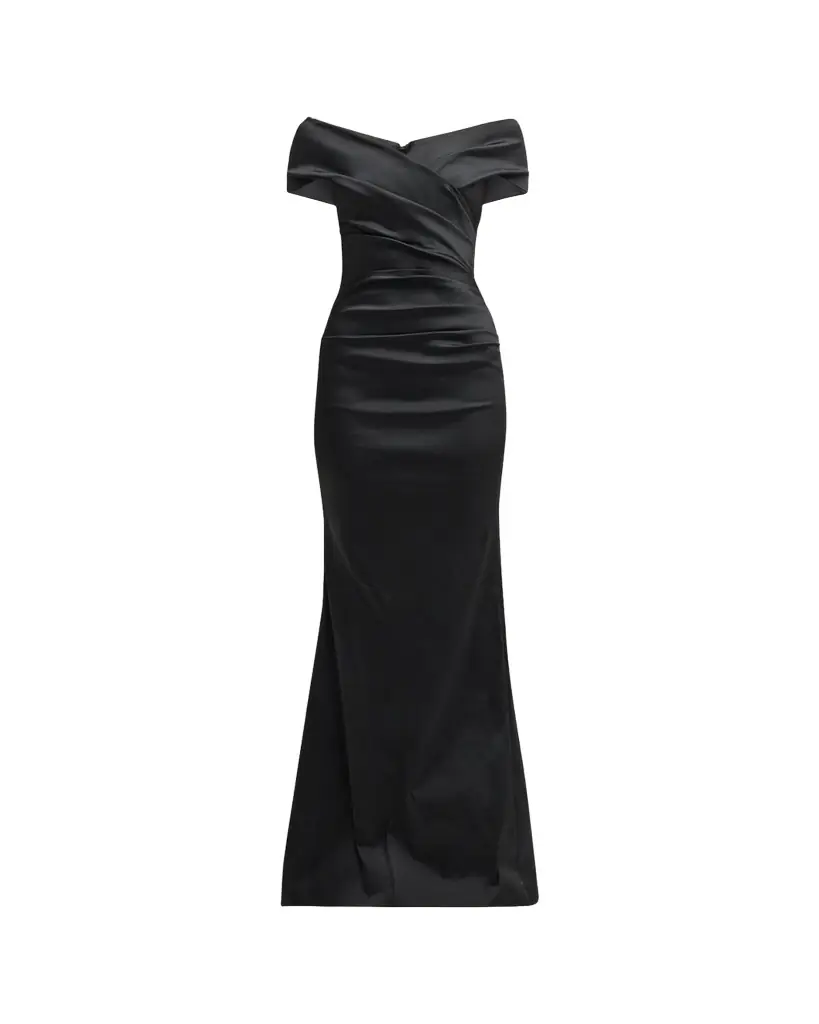 Rickie Freeman for Teri Jon Pleated Off-Shoulder Satin Column Gown