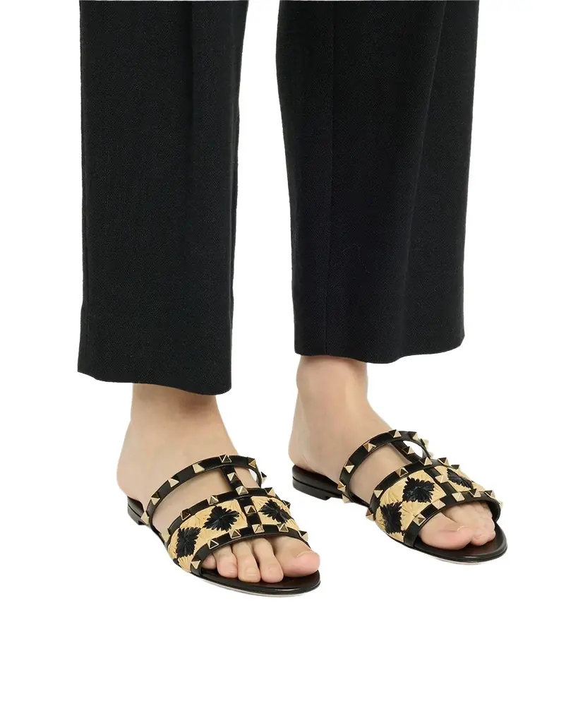 Valentino Garavani Rockstud Raffia Flat Slide Sandals