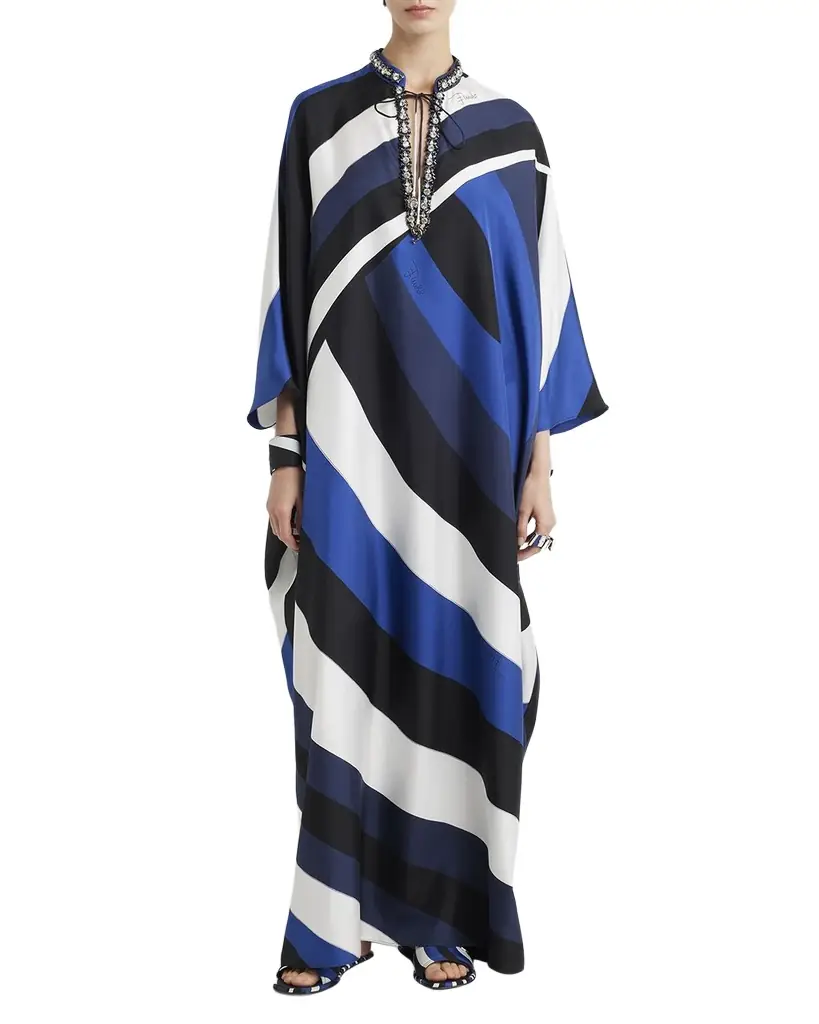 Pucci Iride-Print Crystal Neck-Tie Silk Twill Maxi Kaftan Dress
