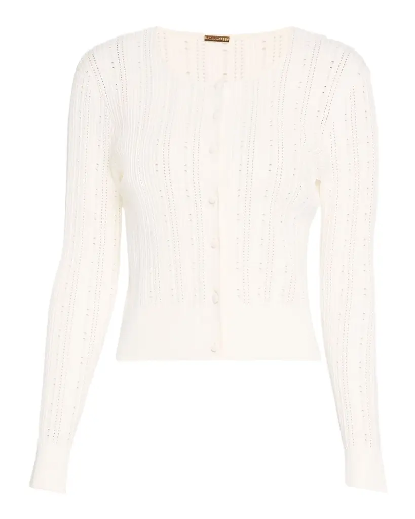 Adam Lippes Pointelle Compact Jacquard Crewneck Crop Cardigan