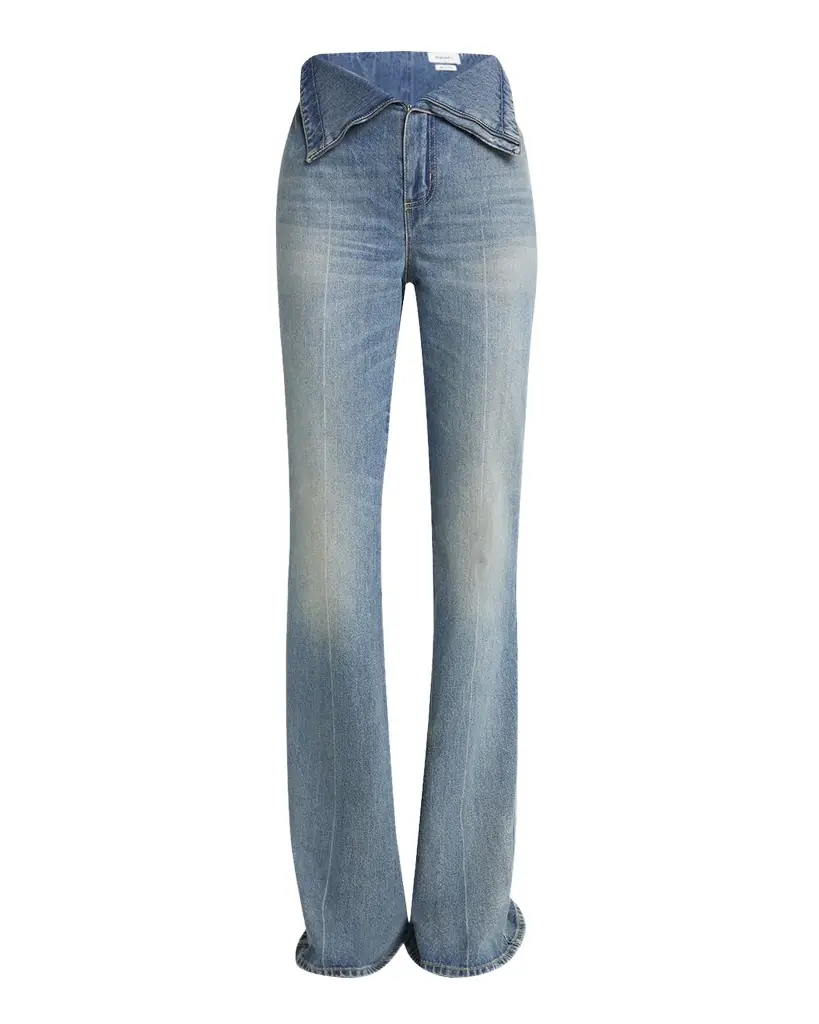 McQueen Foldover-Waist Denim Flare Trousers