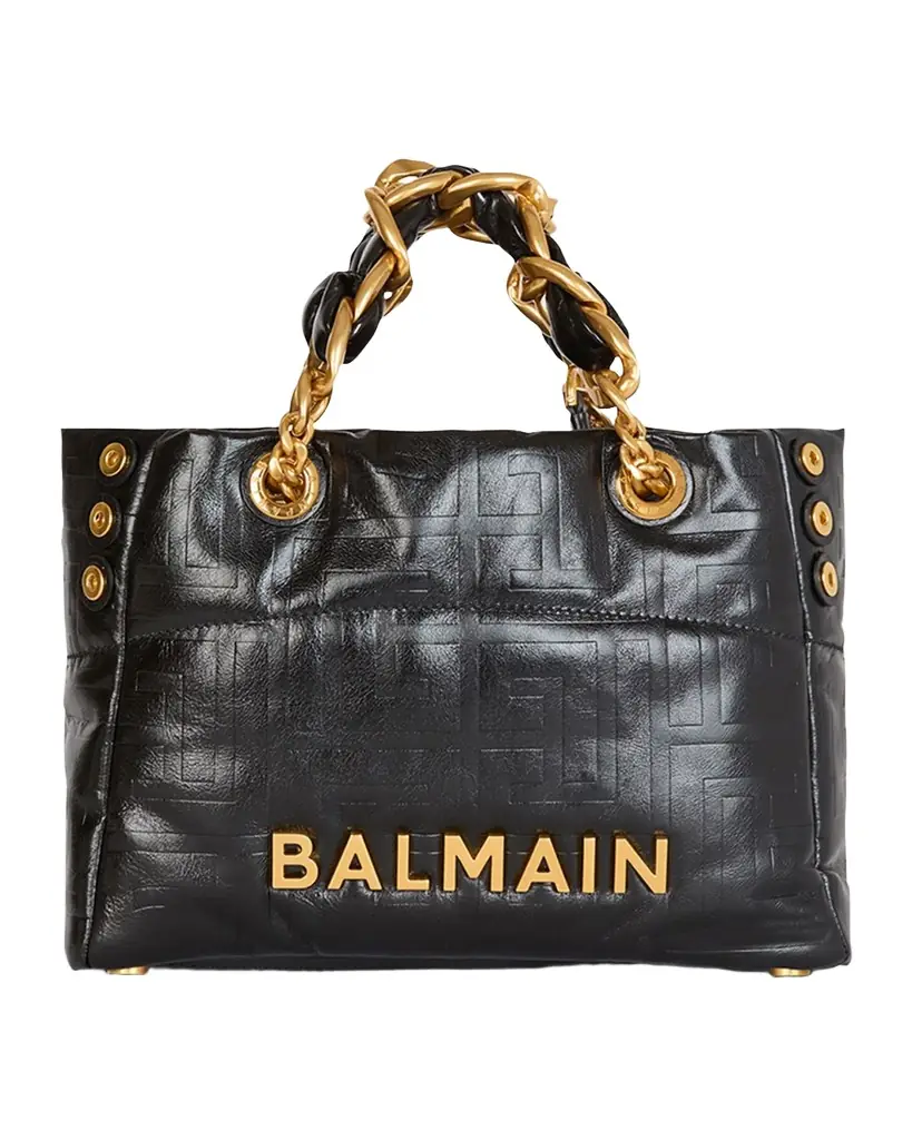 Balmain 1945 Small Tote Bag in Crinkled Soft Leather