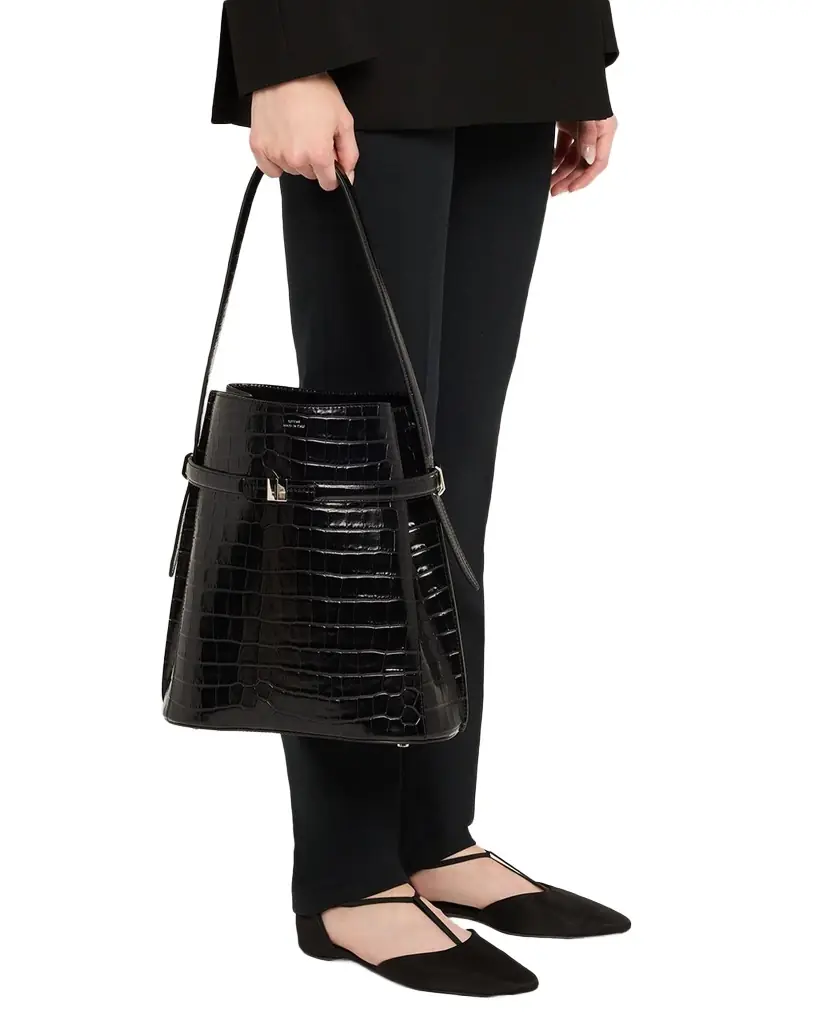 Toteme Belted Croc-Embossed Leather Bucket Bag
