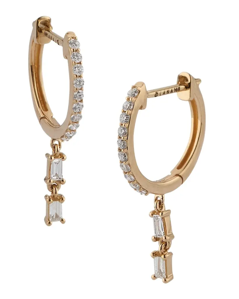 LANA 14K Gold Mini Flawless Diamond Huggie Earrings with Double Dangle Baguettes