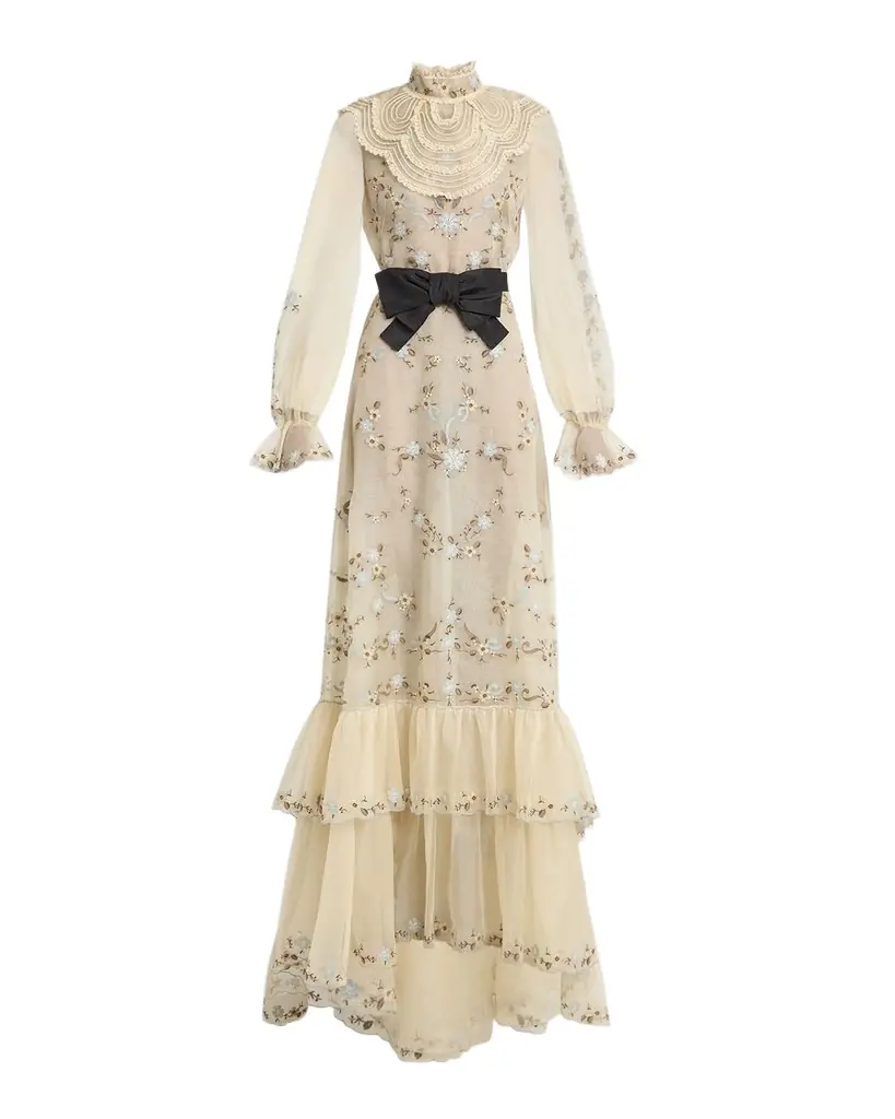 Valentino Garavani Ruffle Embroidered Bib Long-Sleeve Bow Gown