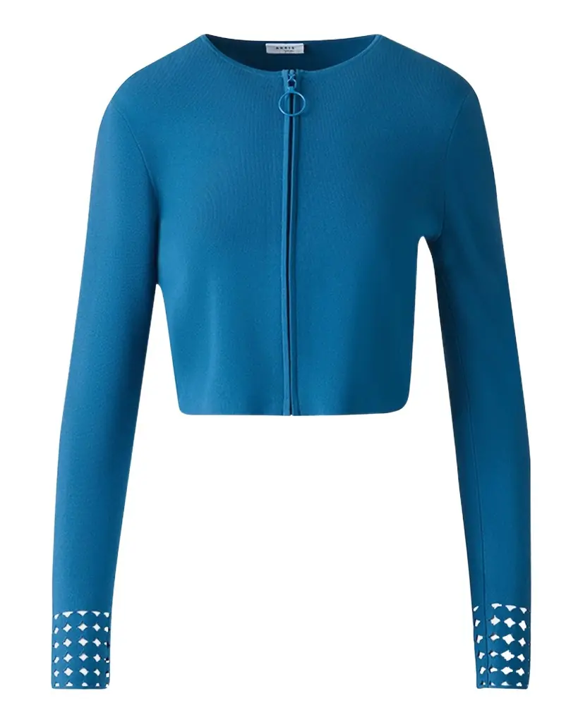 Akris punto Dot Lace-Cuff Knit Crop Zip Cardigan