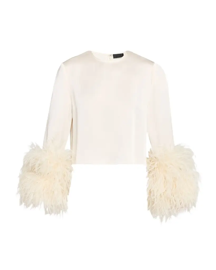 LAPOINTE Feather-Trim Long-Sleeve Crop Satin Top