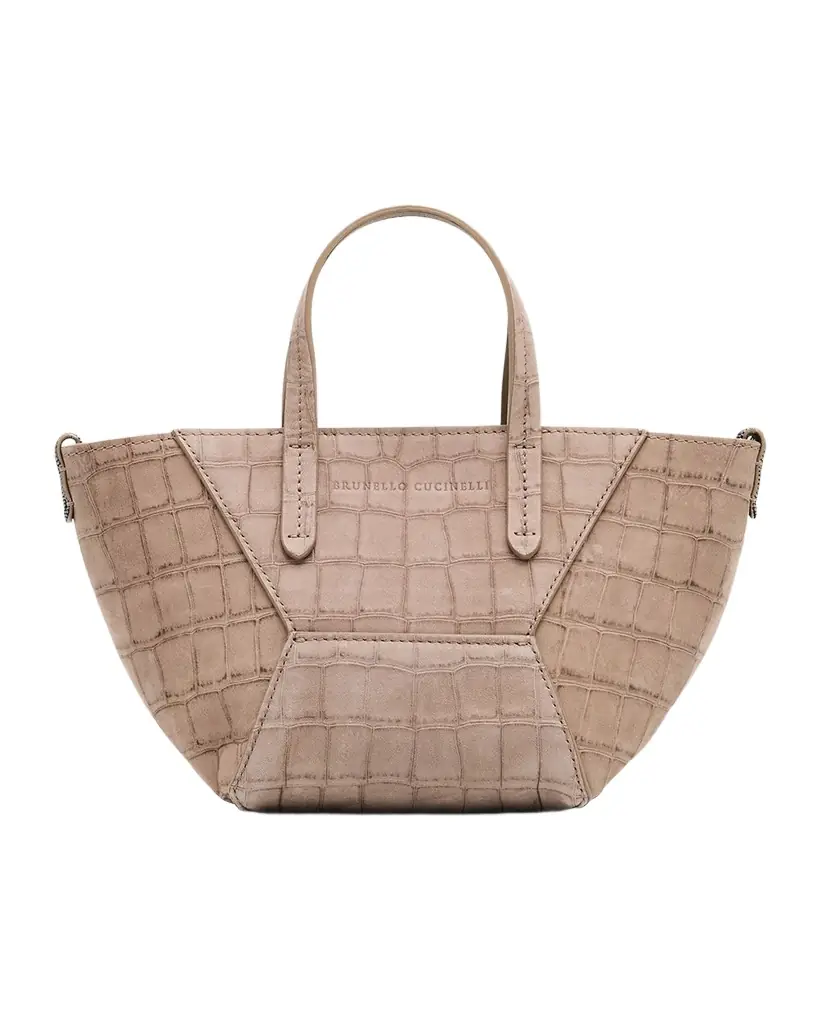 Brunello Cucinelli Duo Mini Croc-Embossed Suede Shopper Tote Bag