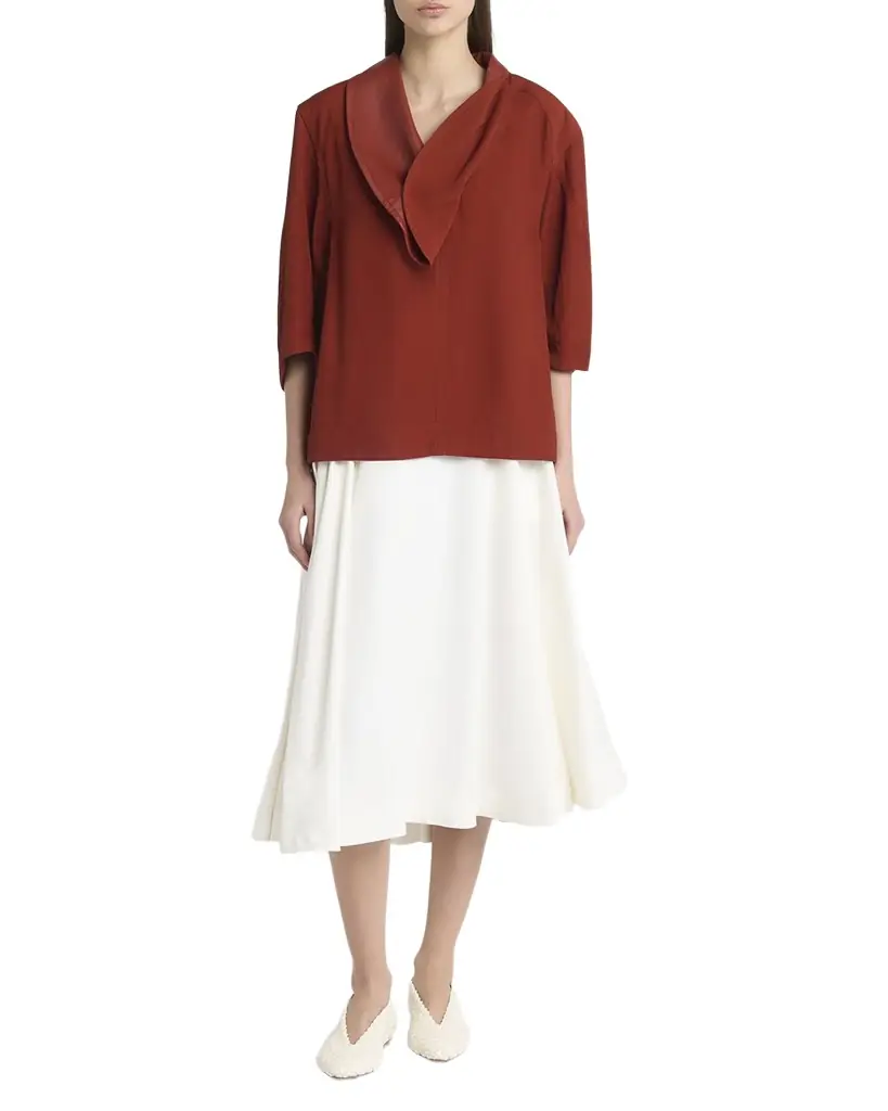Bottega Veneta Leather-Neck Grainy Viscose-Linen Cocoon Shirt