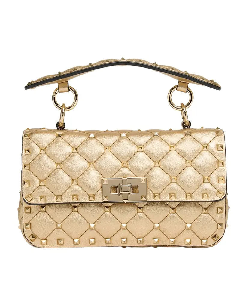 Valentino Garavani Quilted Rockstud Laminated Leather Top-Handle Bag